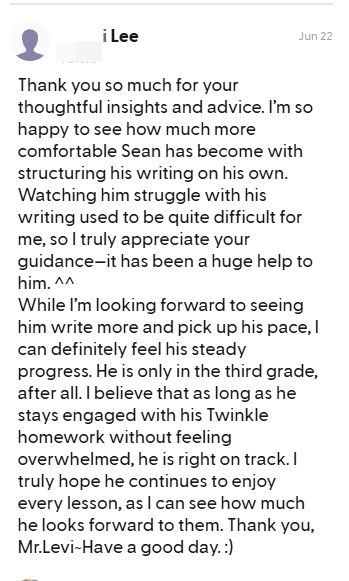 Cropped parent message about writing progress